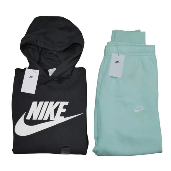 Nike NSW Club Men's 2 PC Sweatsuit Fleece Tracksuit Black Turquoise Set NWT Gift - Picture 1 of 14